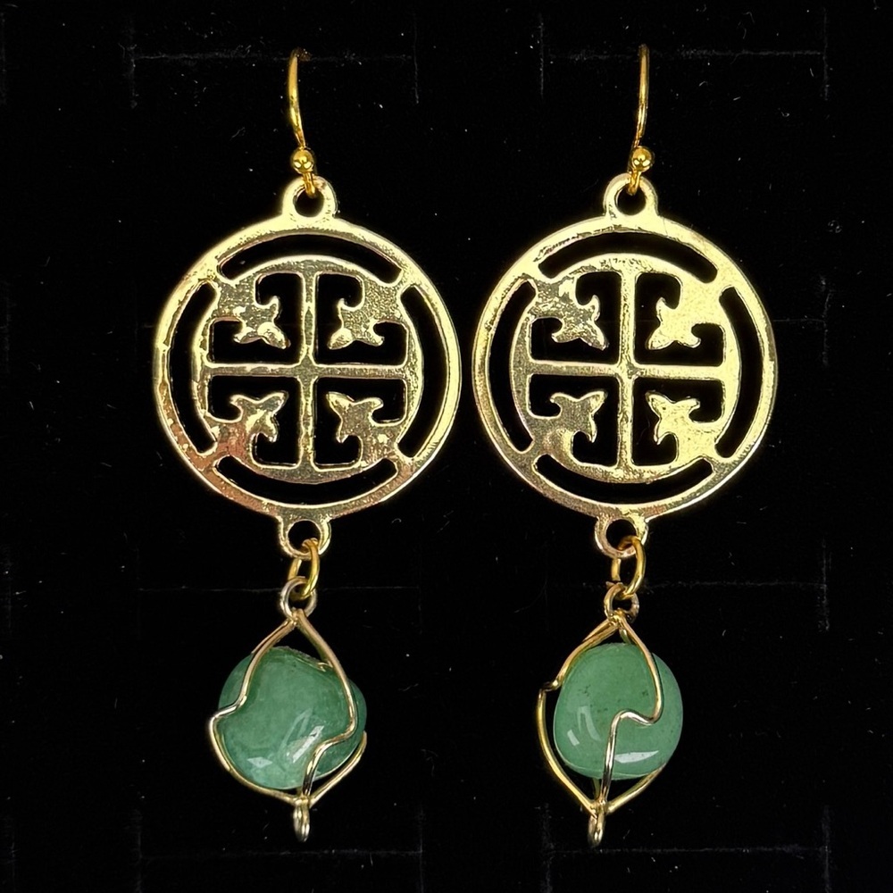 Custom made wire wrapped goldtone, jade stone pierced dangle earrings